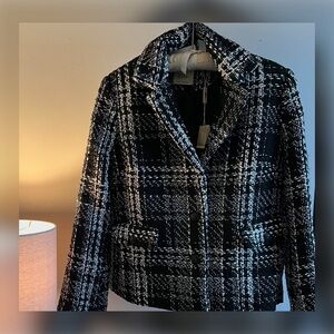 ELIE TAHARI Black and White Plaid Tweed Blazer Jacket